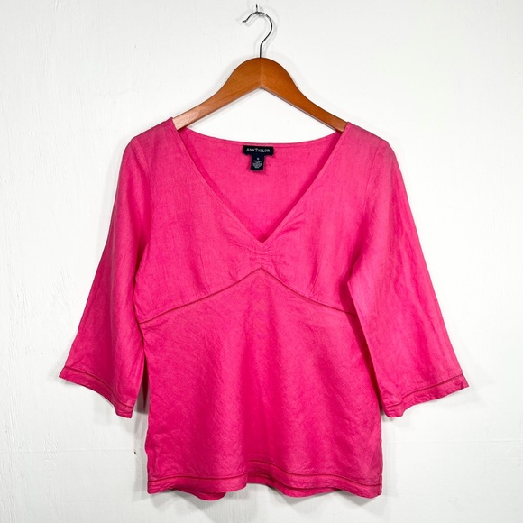 NEW! 100% linen Ann Taylor pink V-neck empire waist blouse tunic top size 8 - Picture 3 of 7